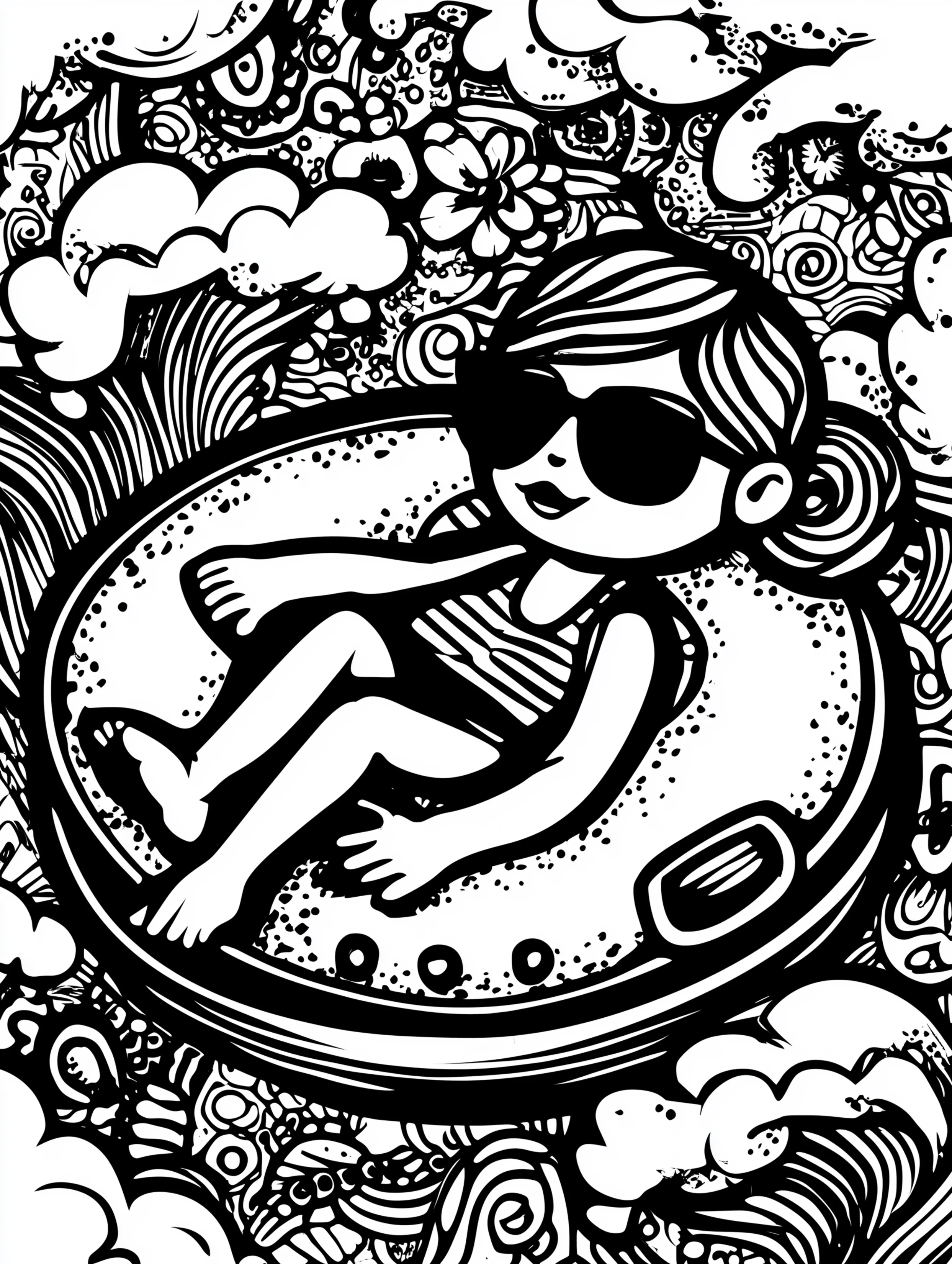 Free printable summer coloring page for adults featuring a girl wearing sunglasses in an inner tube
